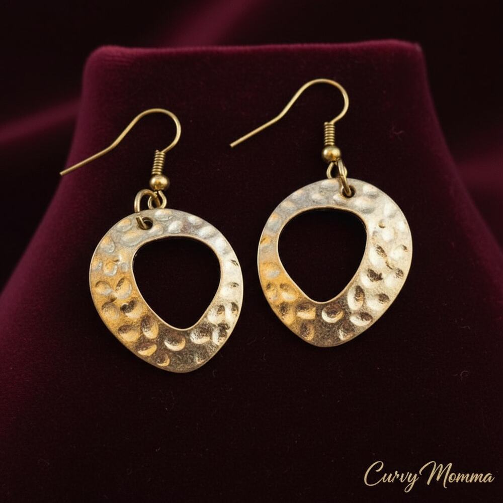 Vintage Hammered Gold-Tone Open Drop Earrings